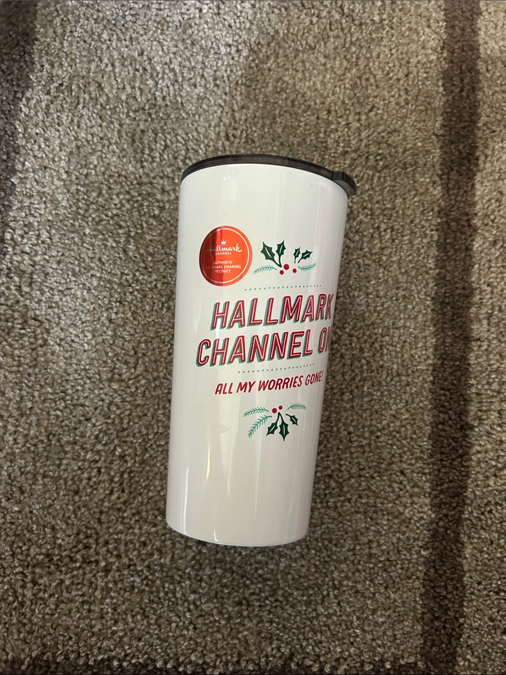 Hallmark White Tumbler with Red Text and Green Holly
